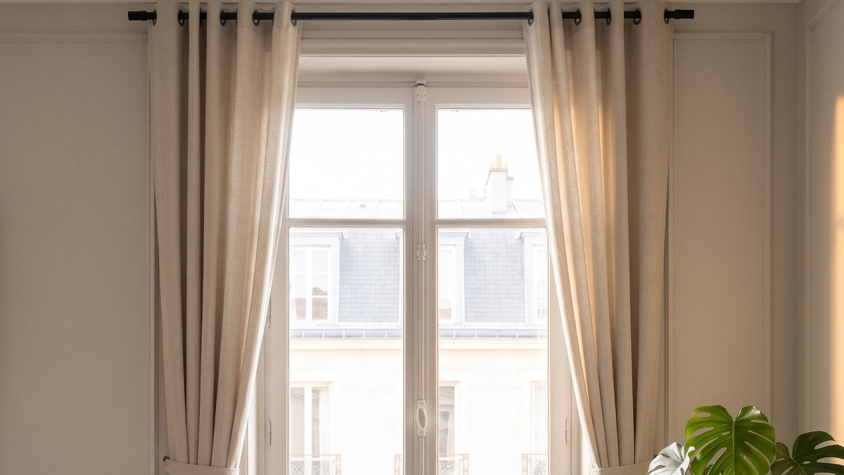 Rideaux en lin ouverts sur une fenêtre haussmannienne, tringle noire et œillets apparents Image
