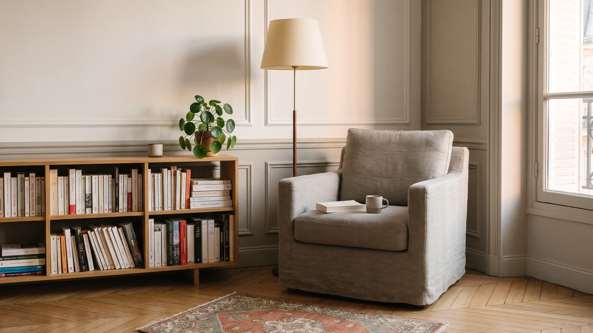 Coin lecture haussmannien dont la fenêtre est encore nue, sans tringle ni support fixé au mur