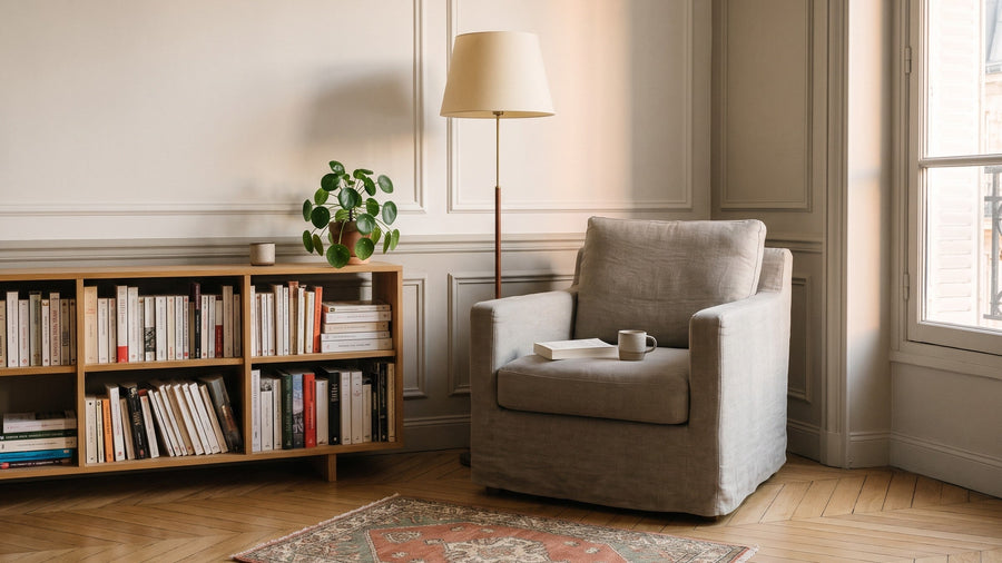 Coin lecture haussmannien dont la fenêtre est encore nue, sans tringle ni support fixé au mur