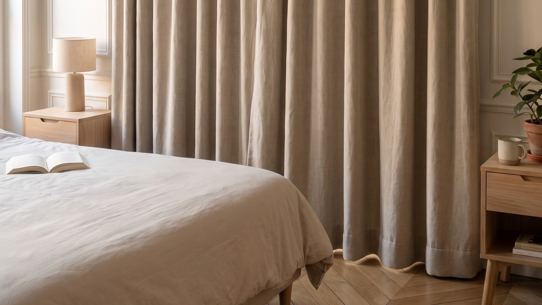 Rideau épais fermé le long d'une fenêtre de chambre, tombant jusqu'au parquet Image