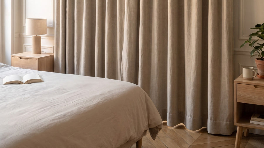 Rideau épais fermé le long d'une fenêtre de chambre, tombant jusqu'au parquet