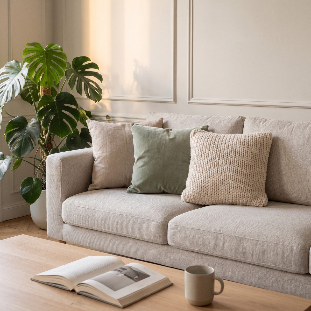 Coussins en lin, en velours vert sauge et en maille sur un canape Image