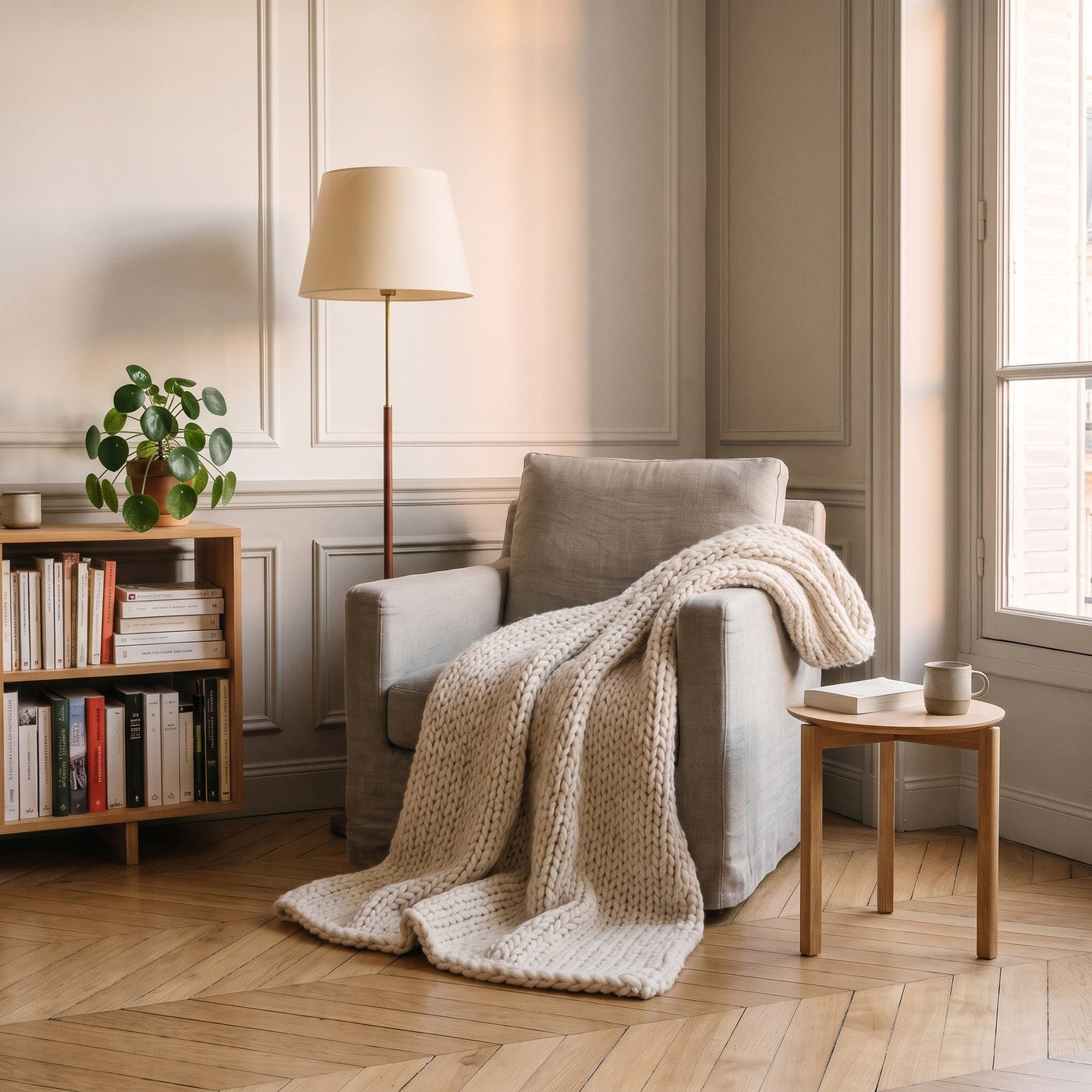Plaid en grosse maille ecrue jete sur un fauteuil Image