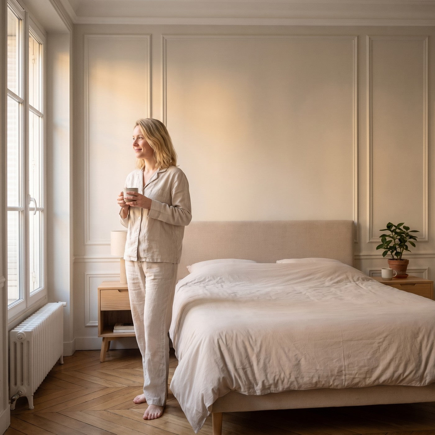 Femme en ensemble de pyjama dans sa chambre Image