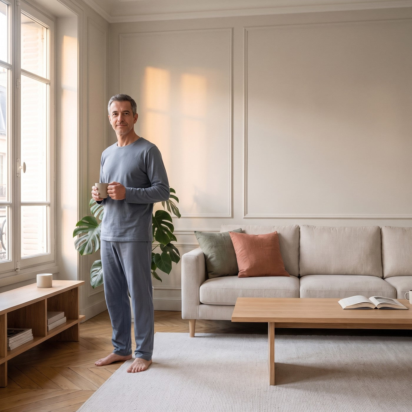 Homme en ensemble de pyjama dans son salon Image