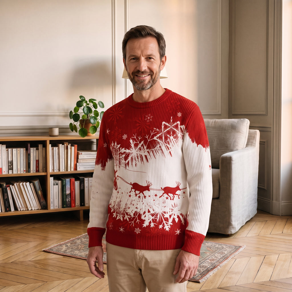 Pull de Noël homme rouge et blanc à traîneau porté dans un coin lecture