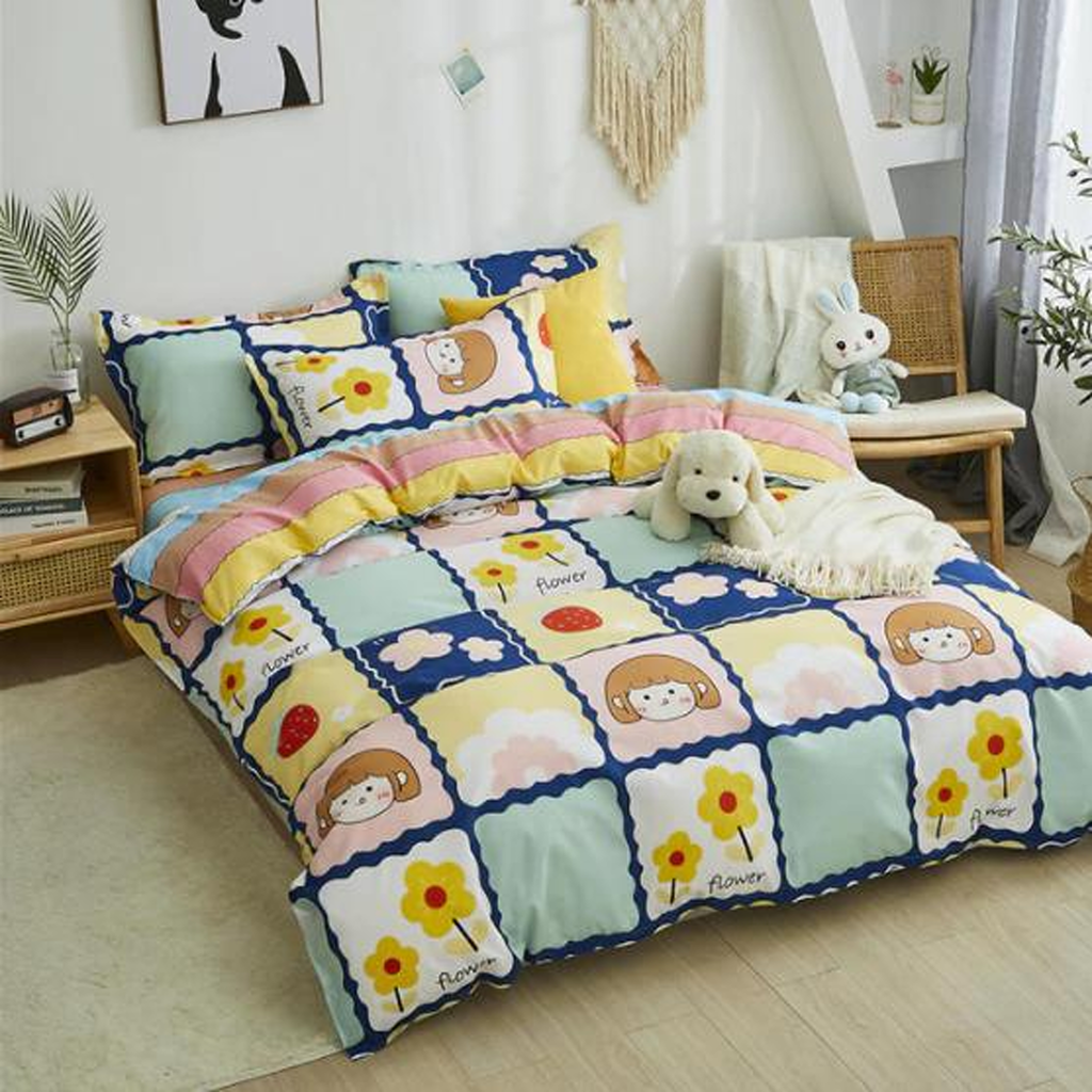 Housse de couette flower power sur un lit dans une chambre lumineuse