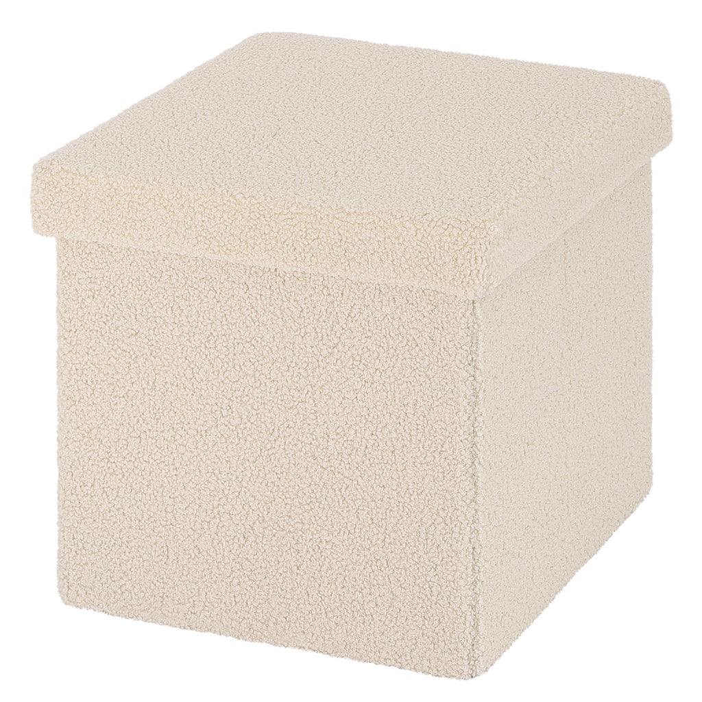 Pouf coffre carré beige effet bouclé fermé sur fond blanc