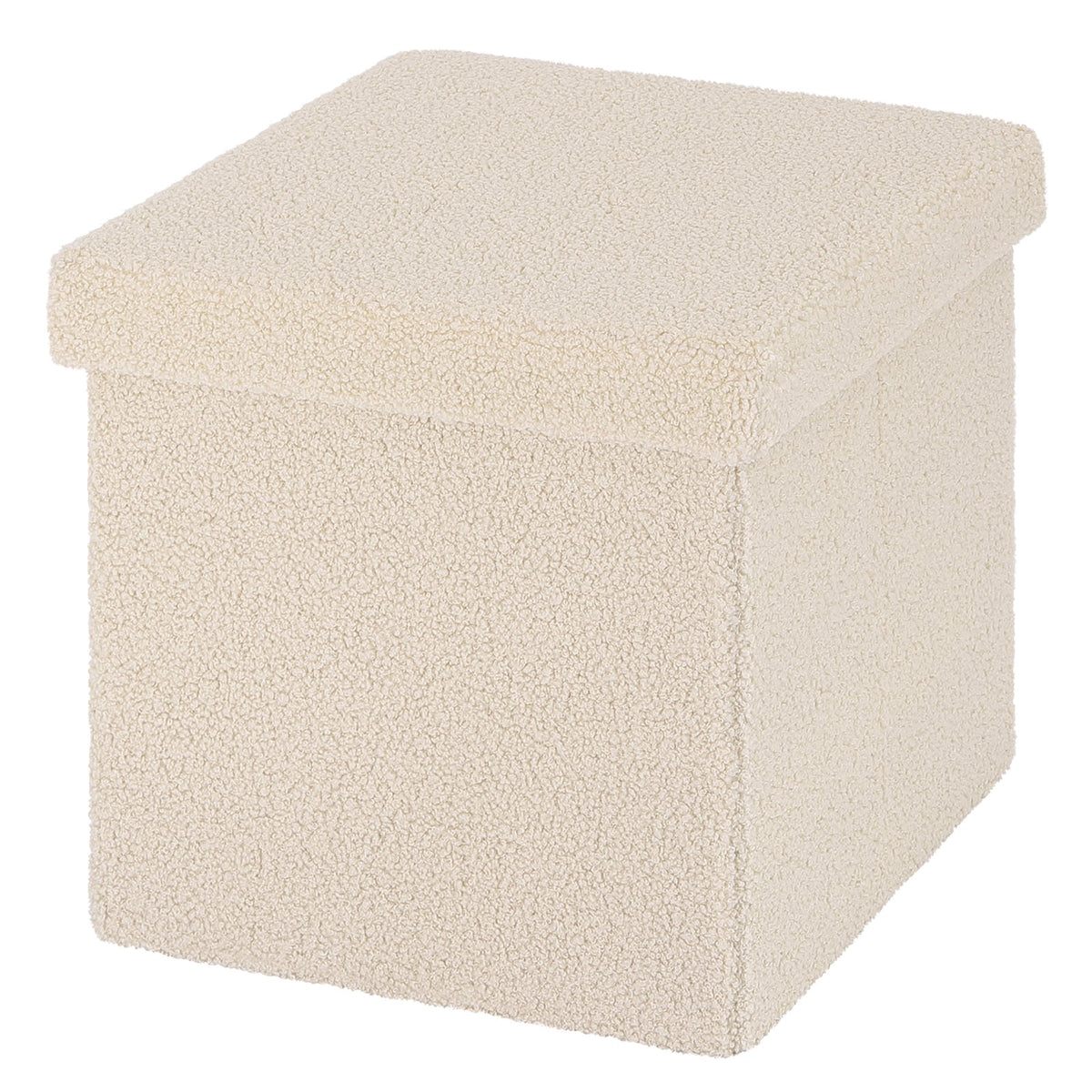 Pouf coffre carré beige effet bouclé fermé sur fond blanc