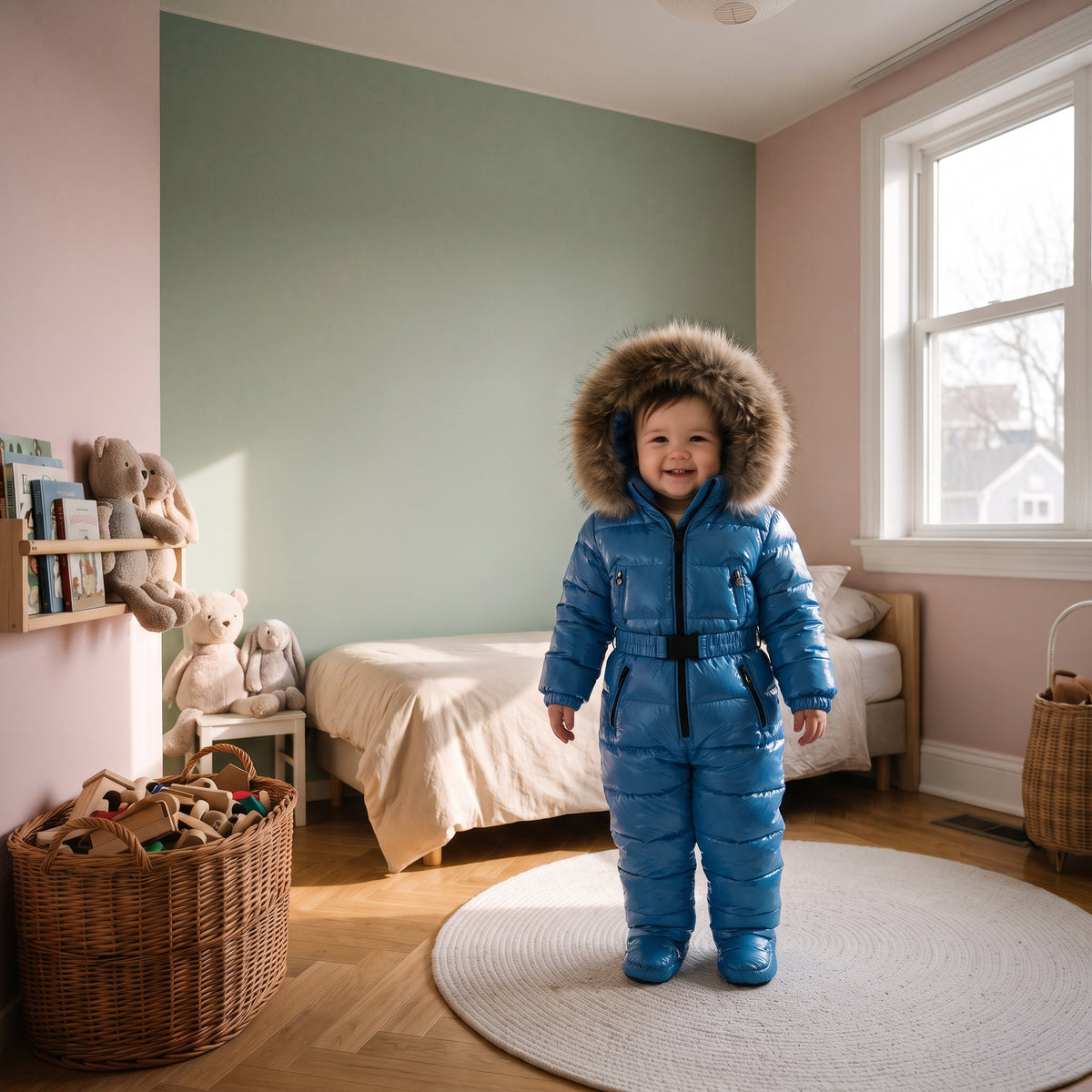 Bébé portant la combinaison d'hiver bleu royal dans une chambre d'enfant