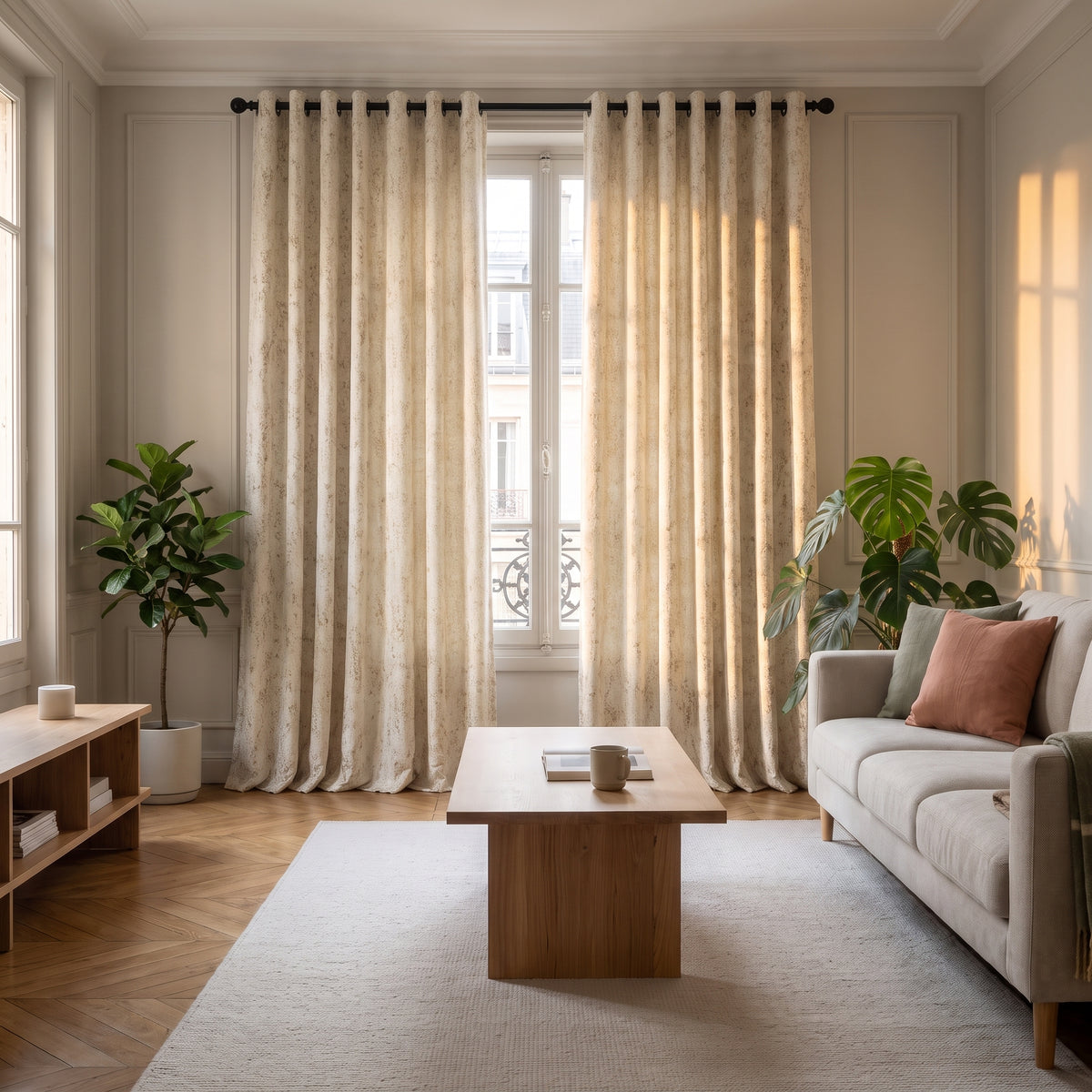 Rideau jacquard beige fermé sur la fenêtre du salon