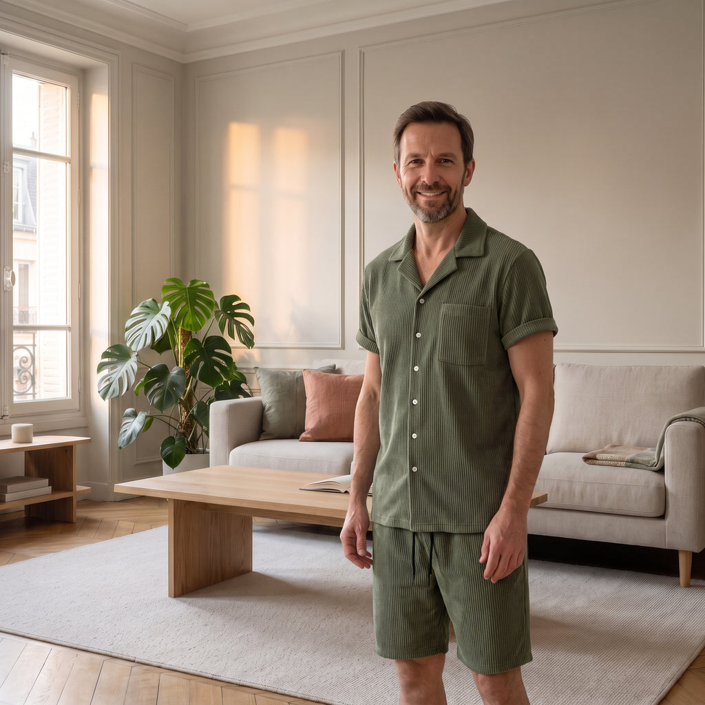 Ensemble velours côtelé vert porté en pied