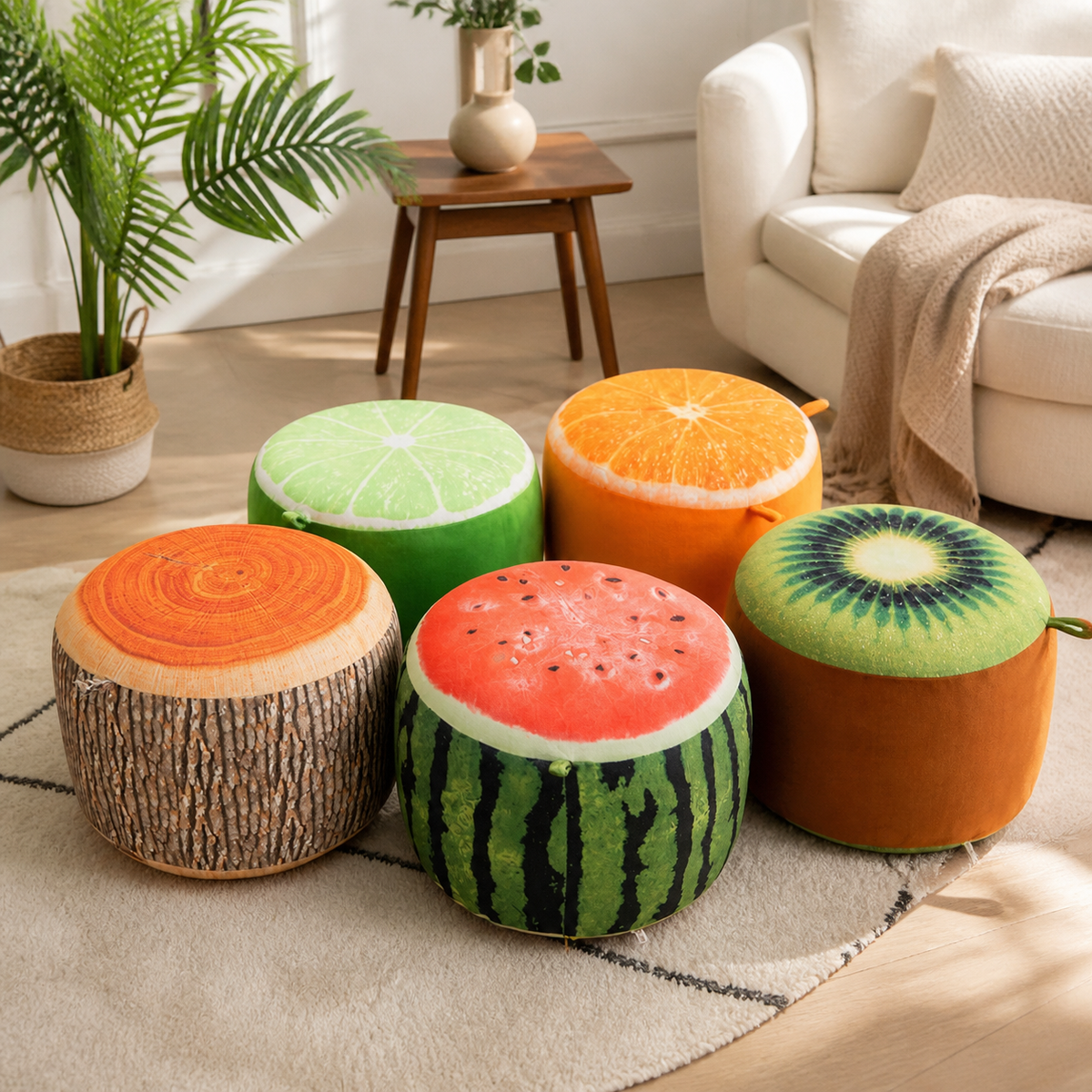 Poufs gonflables fruit dans un salon chaleureux Image