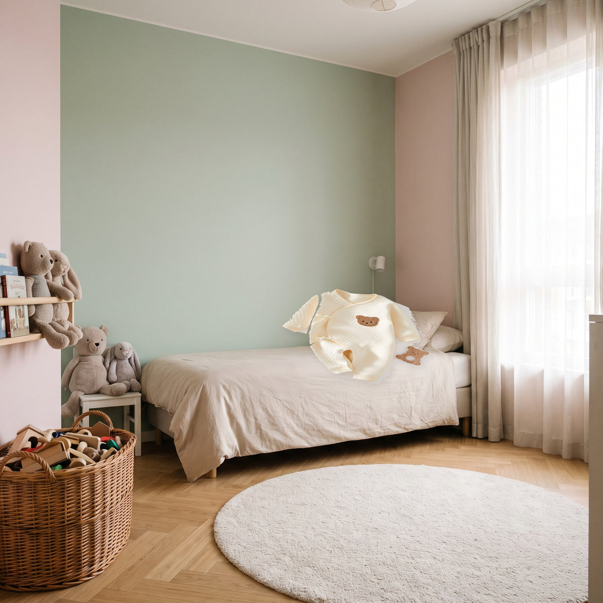 Barboteuse bébé beige posée à plat sur un lit d’enfant