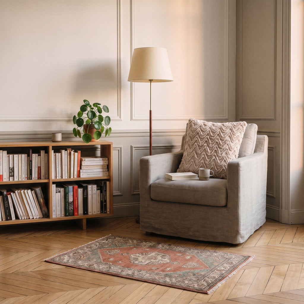 Coin lecture avec le coussin en coton beige posé sur le fauteuil