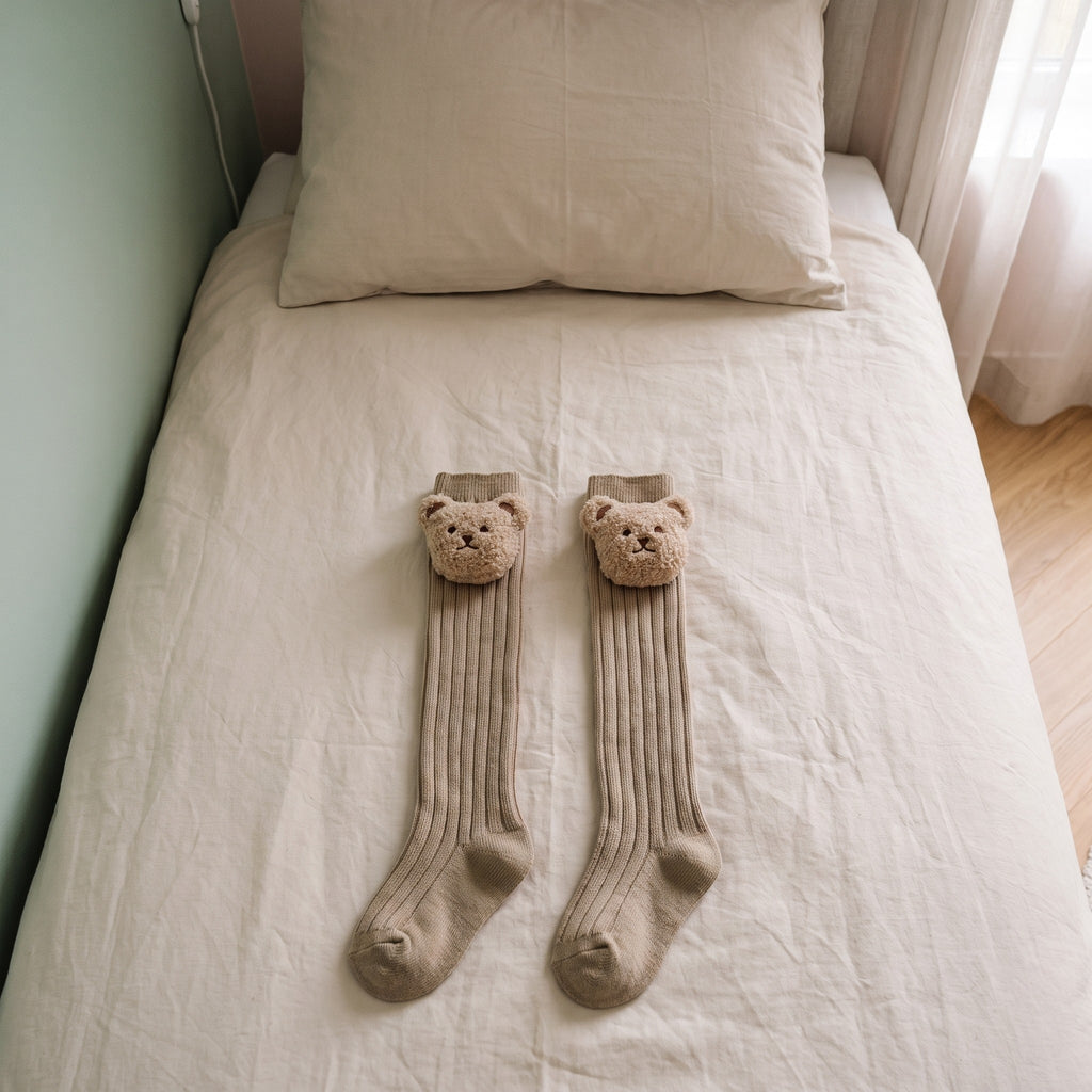 Chaussettes montantes beige pour bébé avec un ourson en peluche, posées sur un lit d'enfant