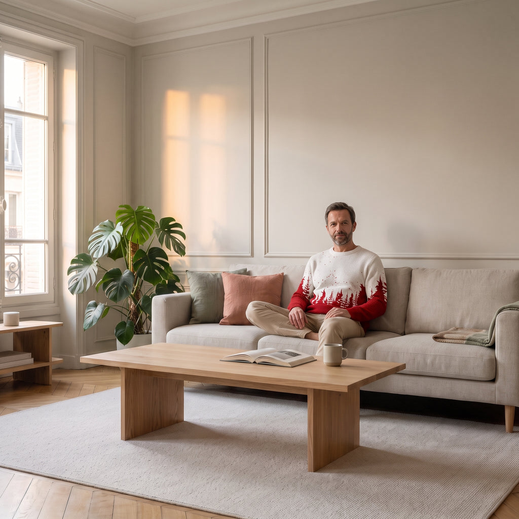 Pull de Noël homme blanc et rouge à forêt porté dans le salon