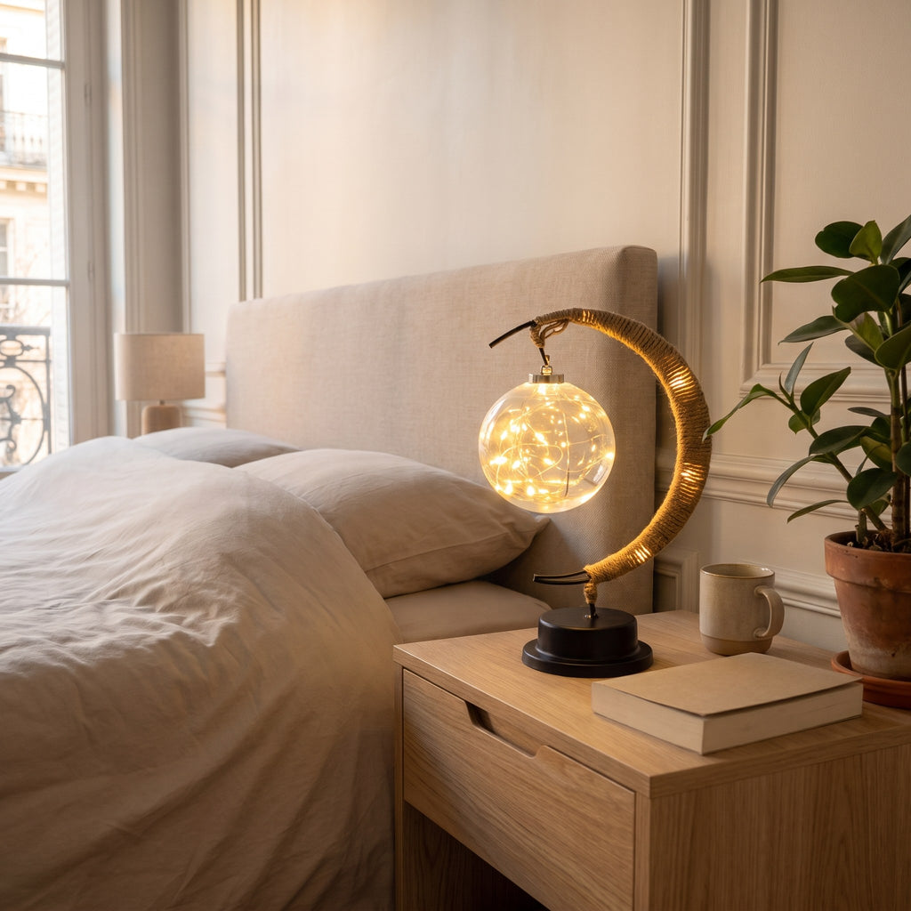 Lampe croissant de lune allumée en blanc chaud sur une table de chevet en bois clair.