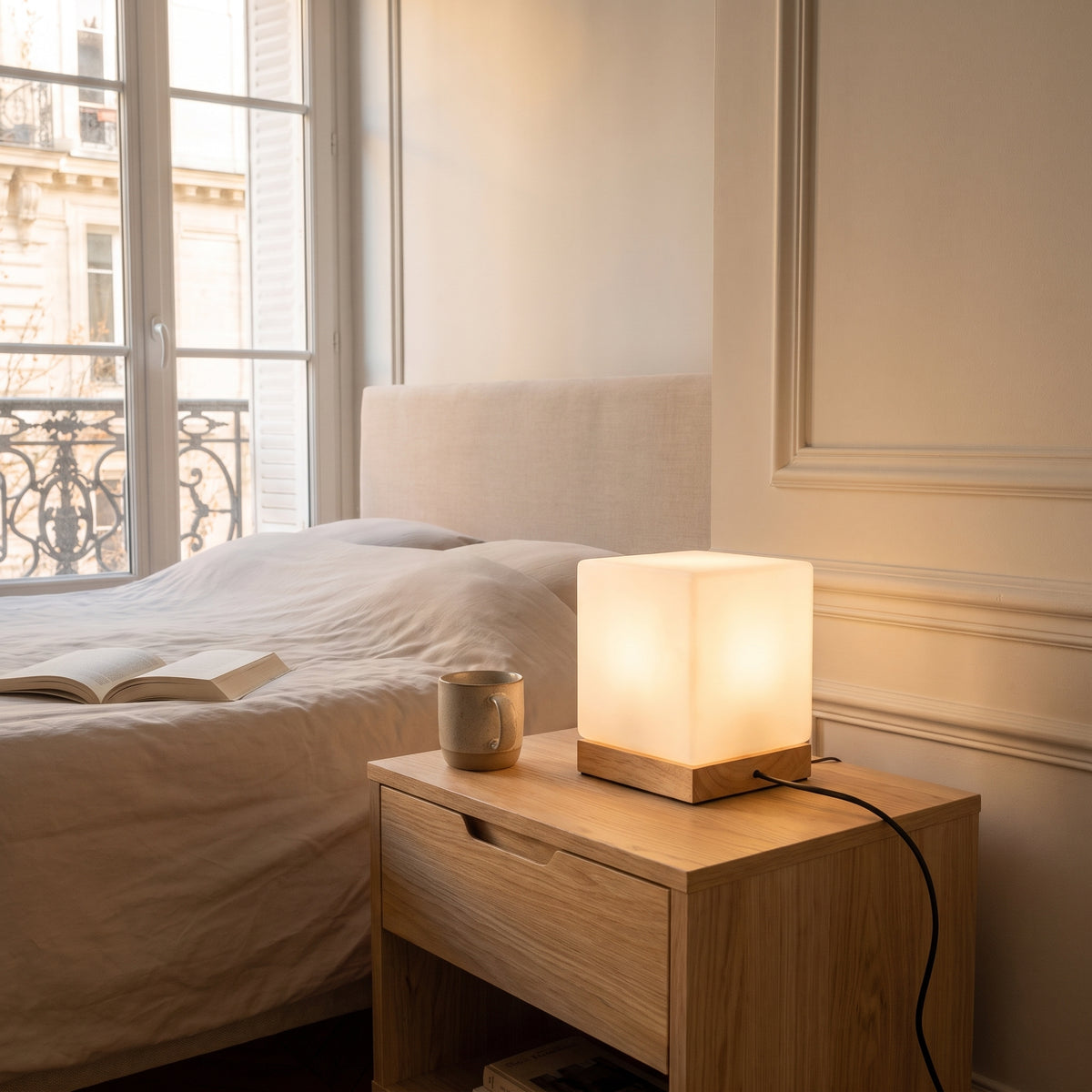Lampe de chevet cube en bois allumée sur une table de chevet