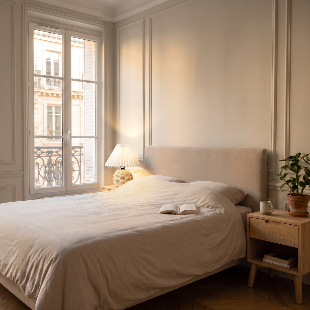 Lampe de chevet en rotin allumée dans une chambre lumineuse