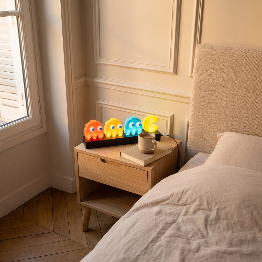 Lampe LED pixel Pac Man allumée sur une table de chevet le soir, ses quatre figurines lumineuses