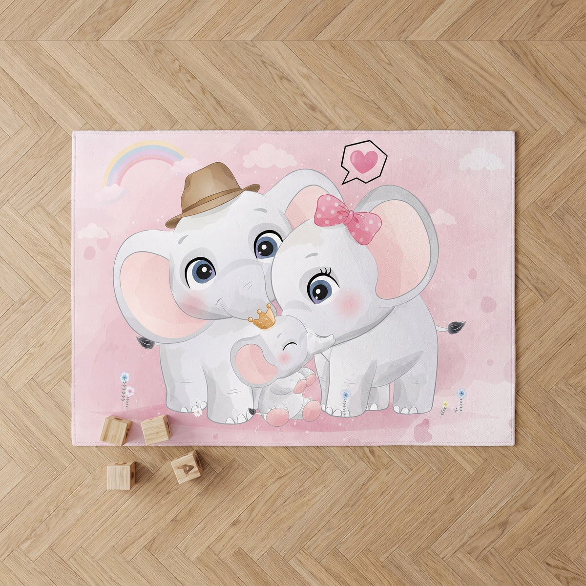 Le tapis vu du dessus, la famille d'éléphants en entier