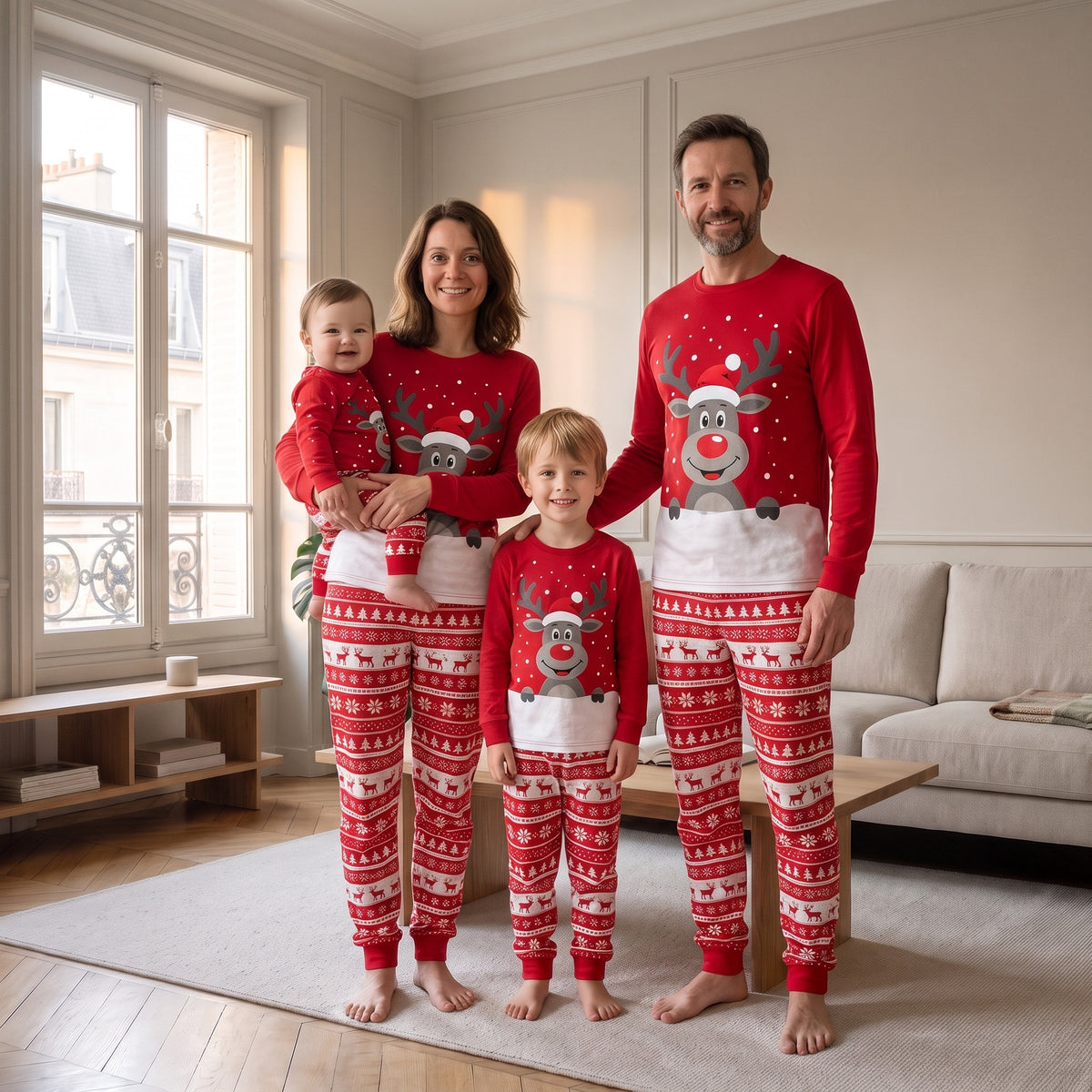 Famille en pyjama de Noël rouge à renne assorti, debout dans le salon