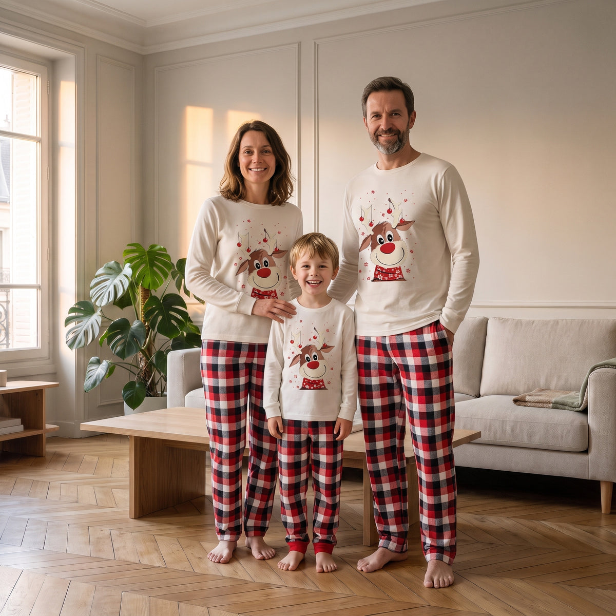 Famille en pyjama de Noël assorti renne et carreaux, debout dans le salon