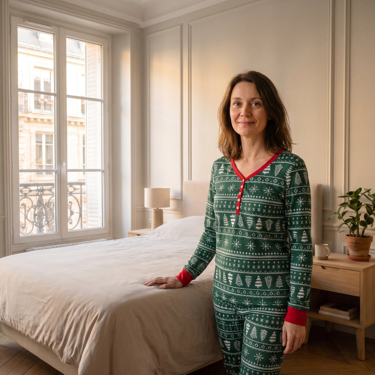Femme portant le pyjama de Noël vert à flocons dans une chambre