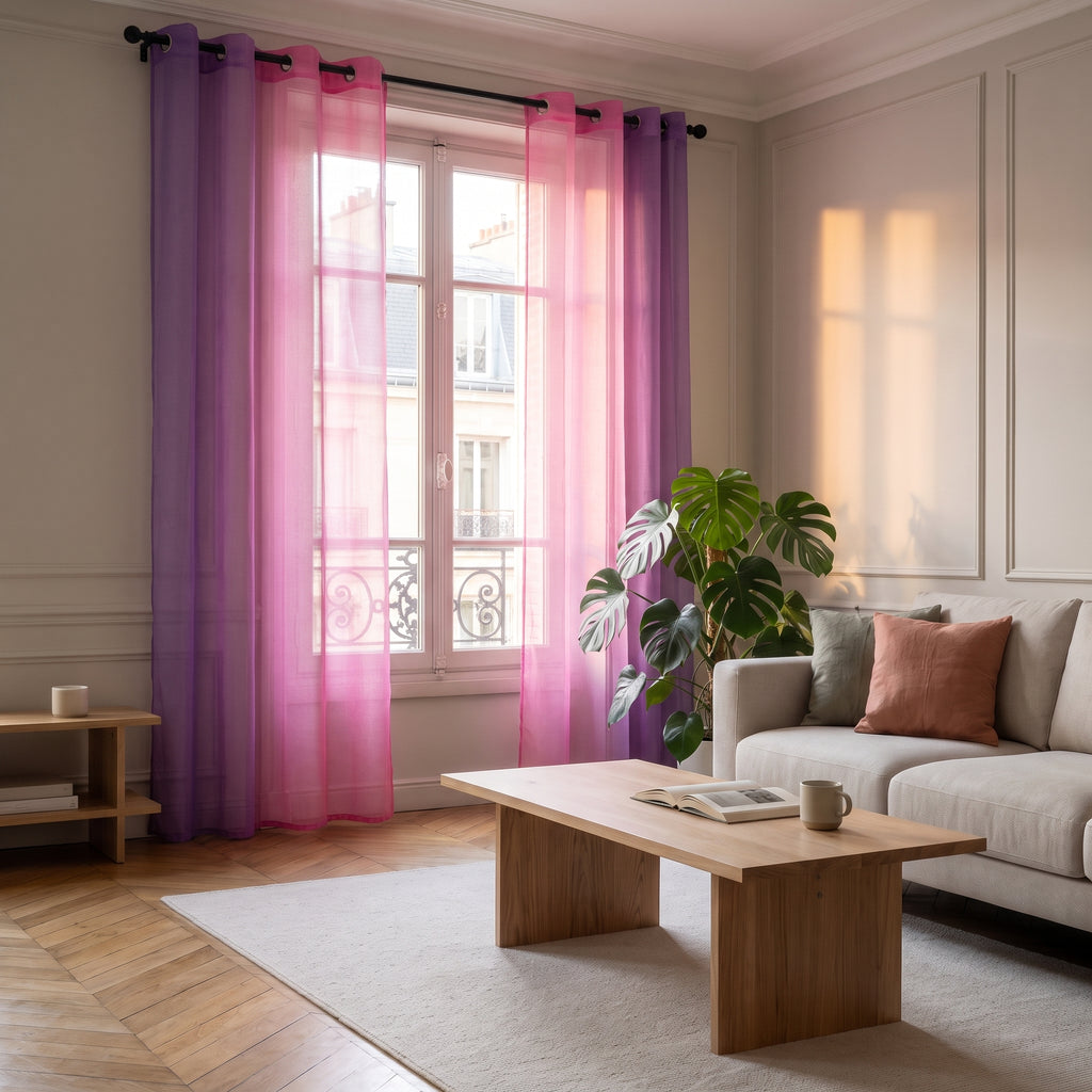 Rideau violet et rose installé devant la fenêtre entière du salon