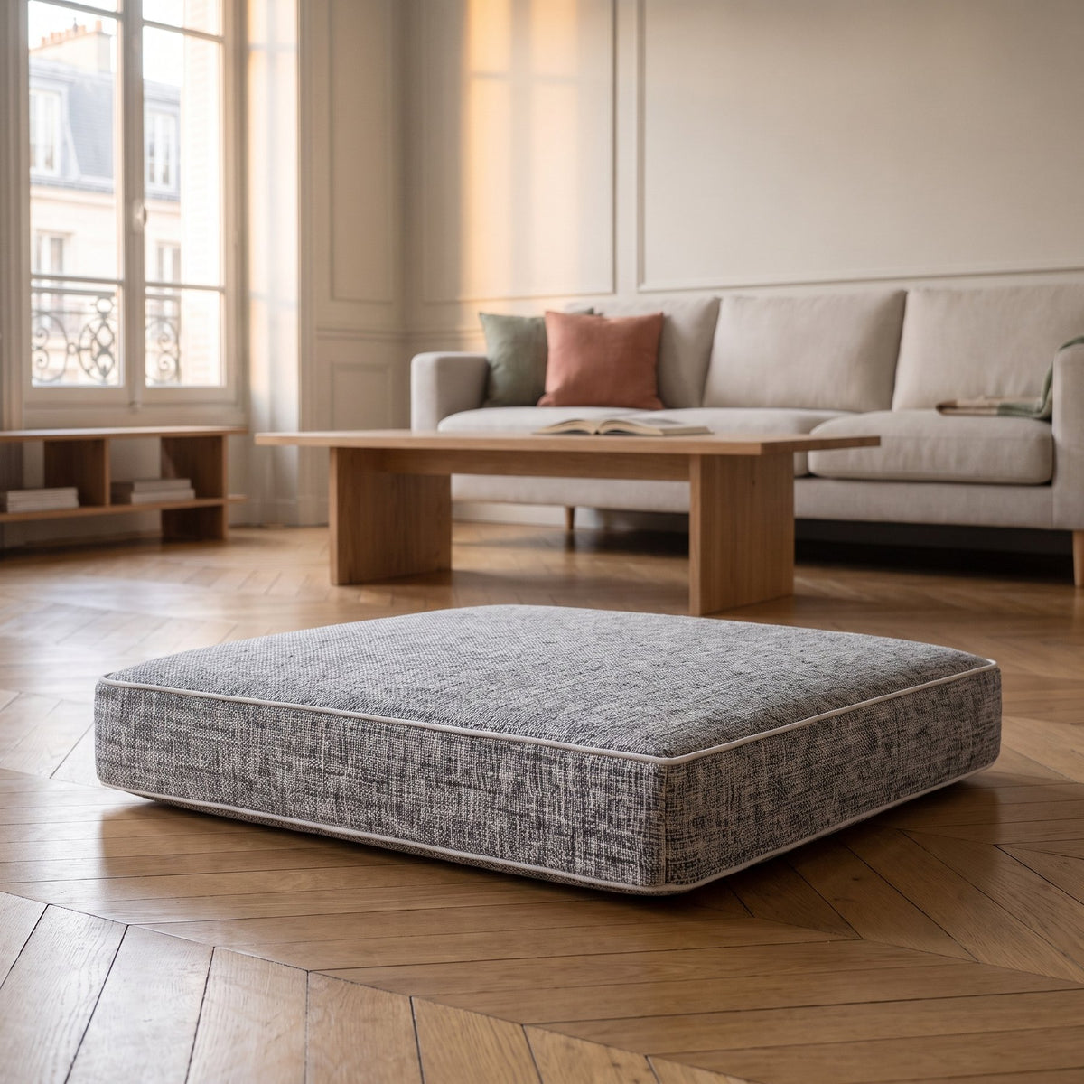 Coussin de sol carré gris clair posé sur le parquet d'un salon