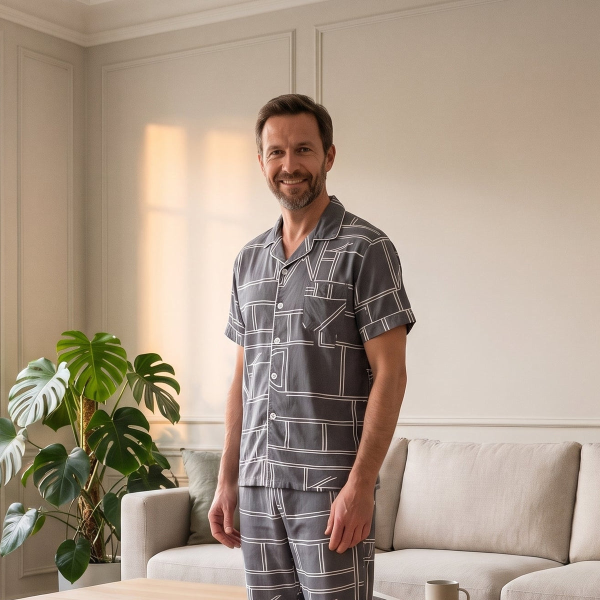 Homme portant le pyjama graphique gris, cadrage visage à mi-cuisse
