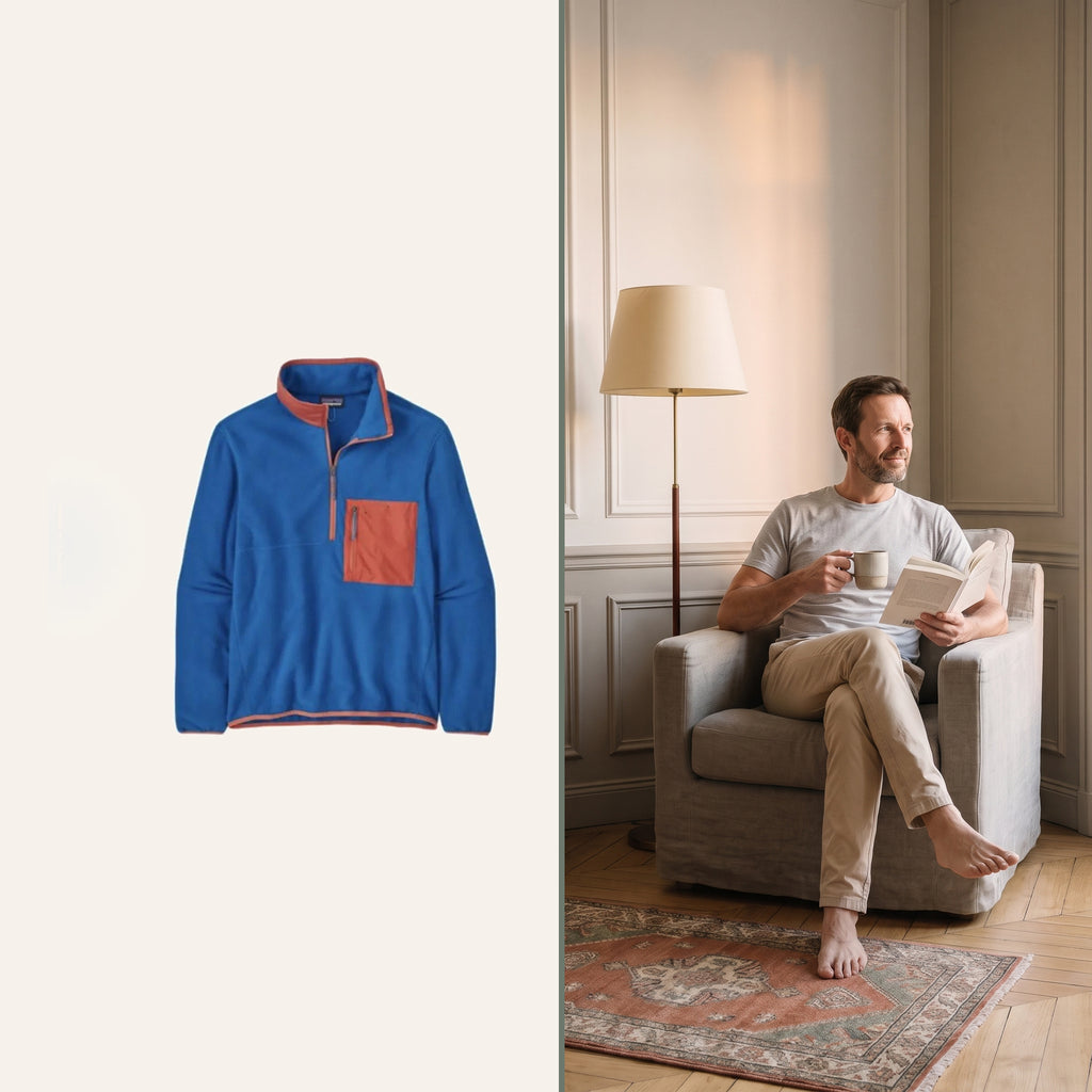 Polaire homme bleu électrique présentée dans le coin lecture Moment Cocooning