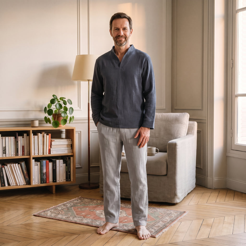 Homme en pyjama de double gaze de coton, haut bleu ardoise et pantalon gris clair, debout dans le coin lecture