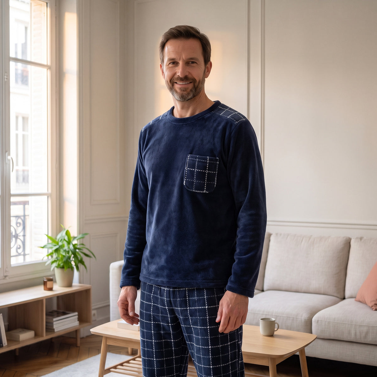 Homme debout en pyjama polaire bleu marine, poche de poitrine à carreaux et bas à carreaux blancs