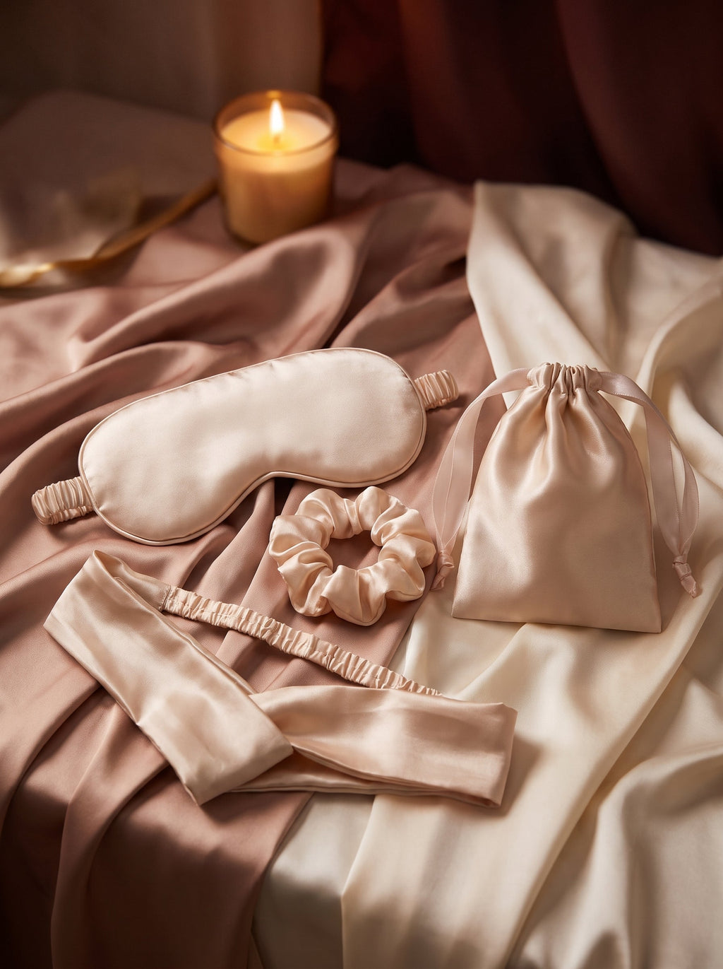 Kit de nuit en satin : masque, bandeau, chouchou et pochette