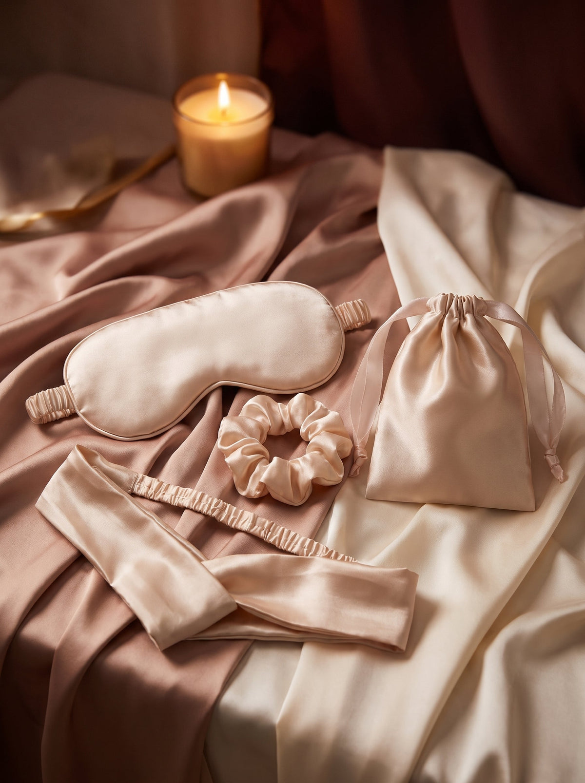 Kit de nuit en satin : masque, bandeau, chouchou et pochette