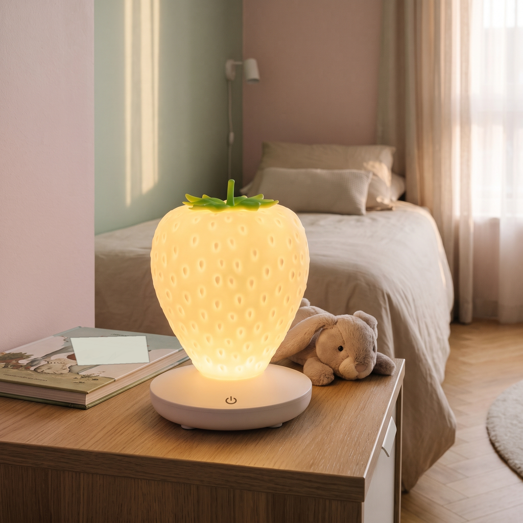 Veilleuse fraise jaune allumée sur un chevet dans une chambre d'enfant
