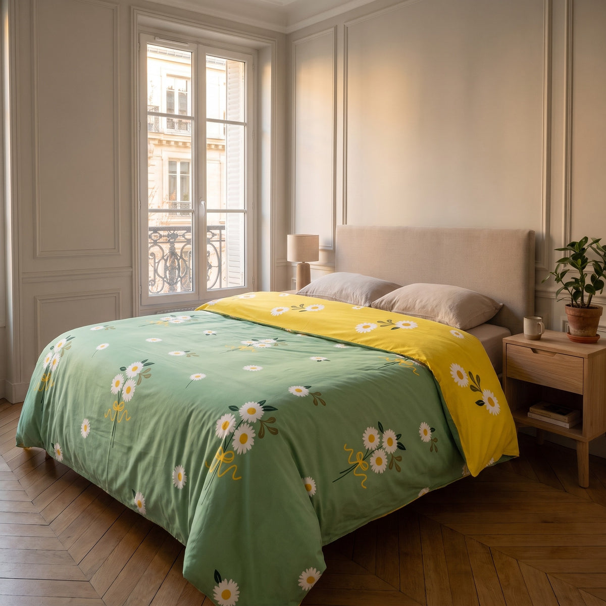 Housse de couette verte à pâquerettes sur un lit deux places dans une chambre claire