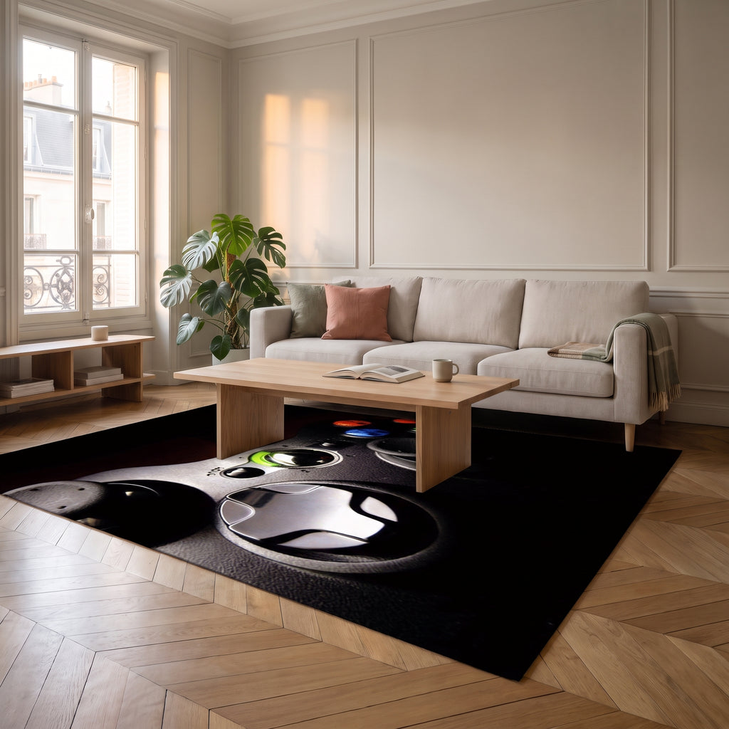 Tapis gaming noir à motif de manette dans un salon