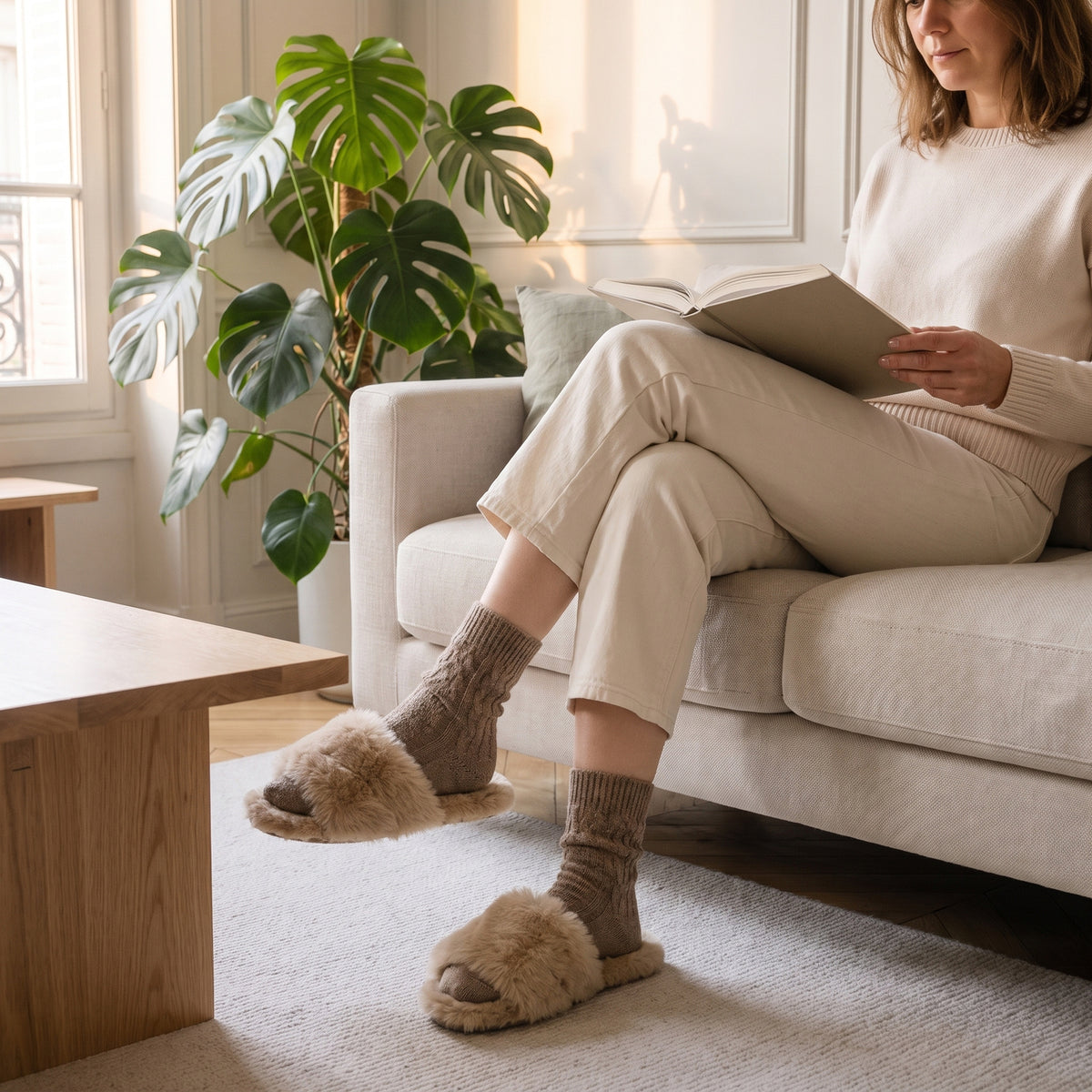 Femme lisant dans son salon avec les chaussettes tricotées aux pieds