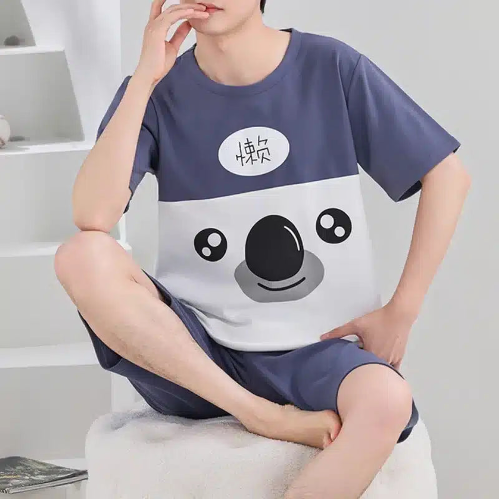 Pyjama d'été homme à personnages animaux, modèle Bleu gris à koala