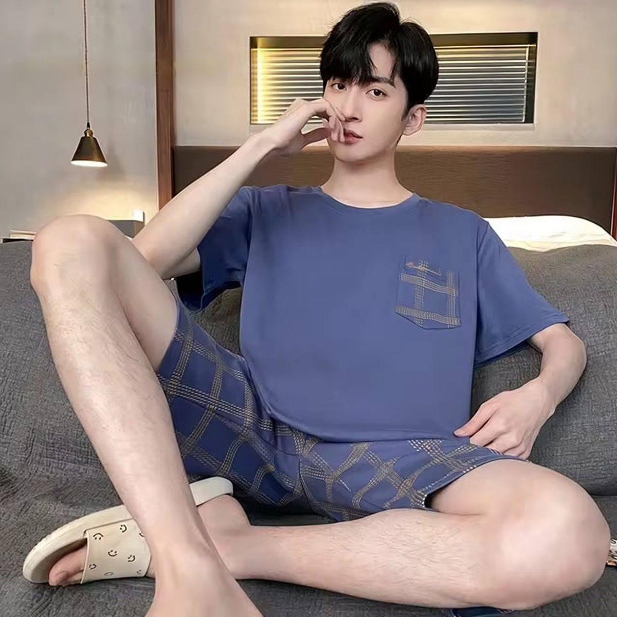 Pyjama d'été homme à carreaux bleus, modèle Bleu à carreaux camel