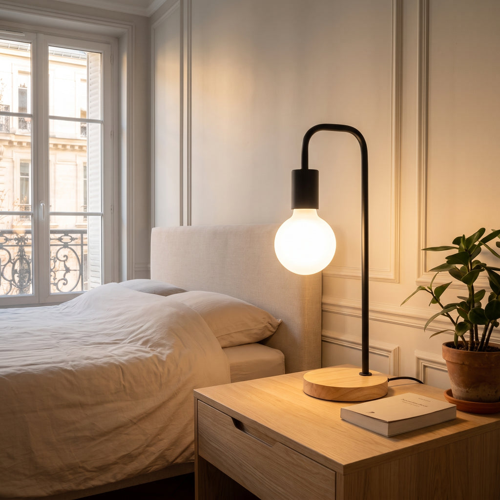 Lampe Edison noire au globe dépoli, allumée sur une table de chevet le soir