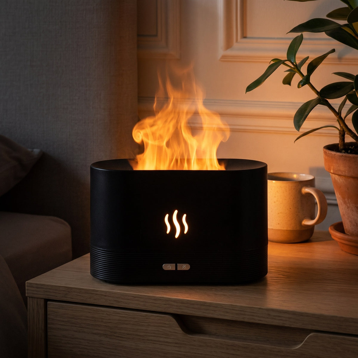Diffuseur à effet flamme noir allumé sur une table de chevet