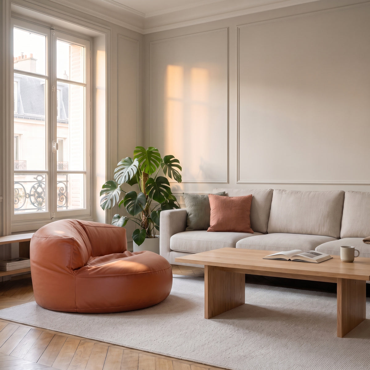 Pouf fauteuil orange en cuir synthétique posé au sol dans un salon