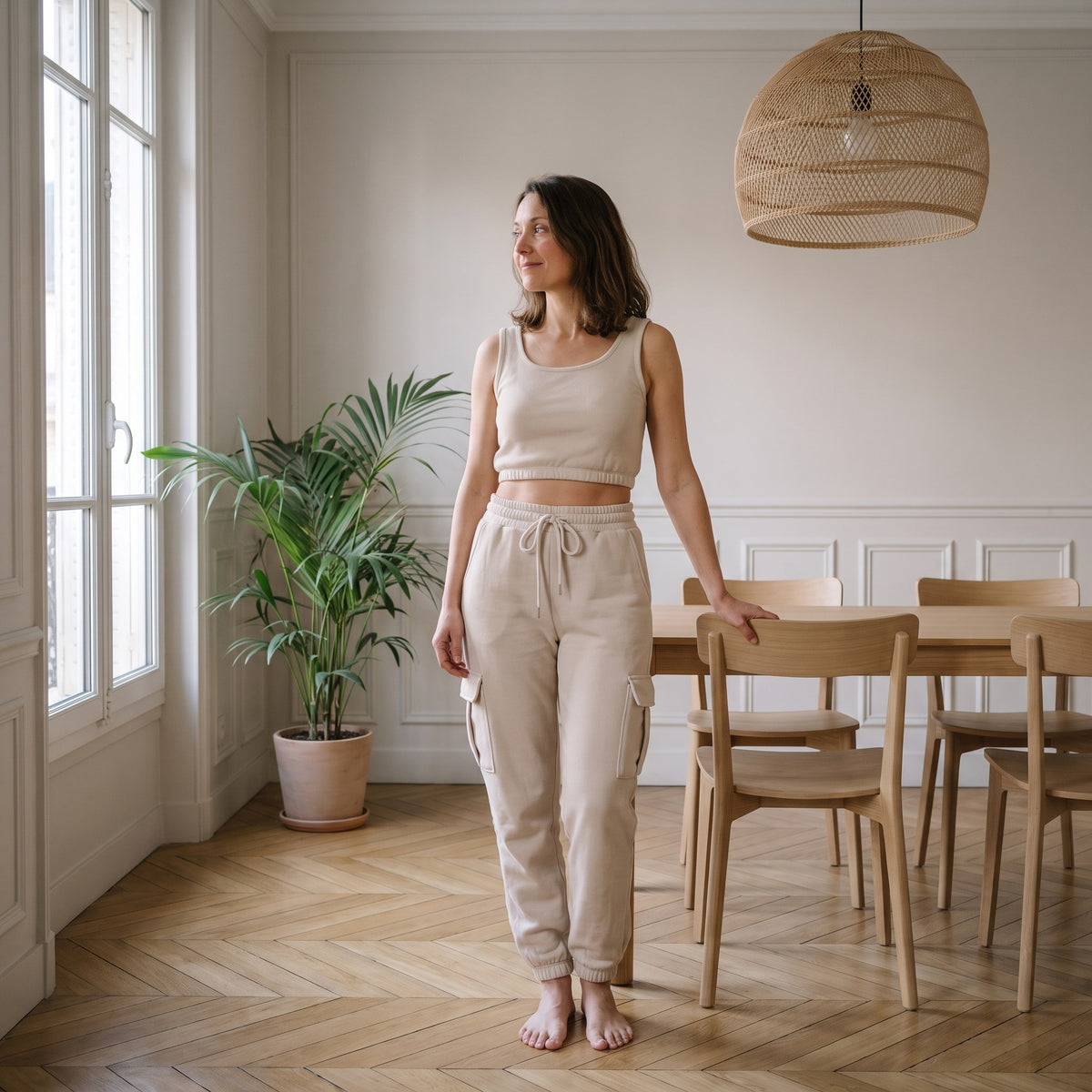 Ensemble d'intérieur femme beige, débardeur court et pantalon de jogging, porté dans un coin repas