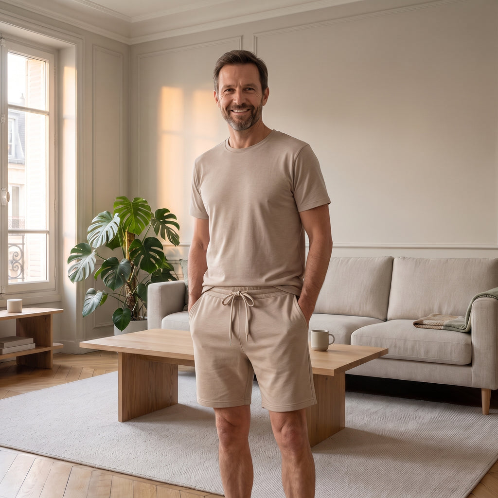 Ensemble d'été homme beige, t-shirt à col rond et short, porté dans un salon