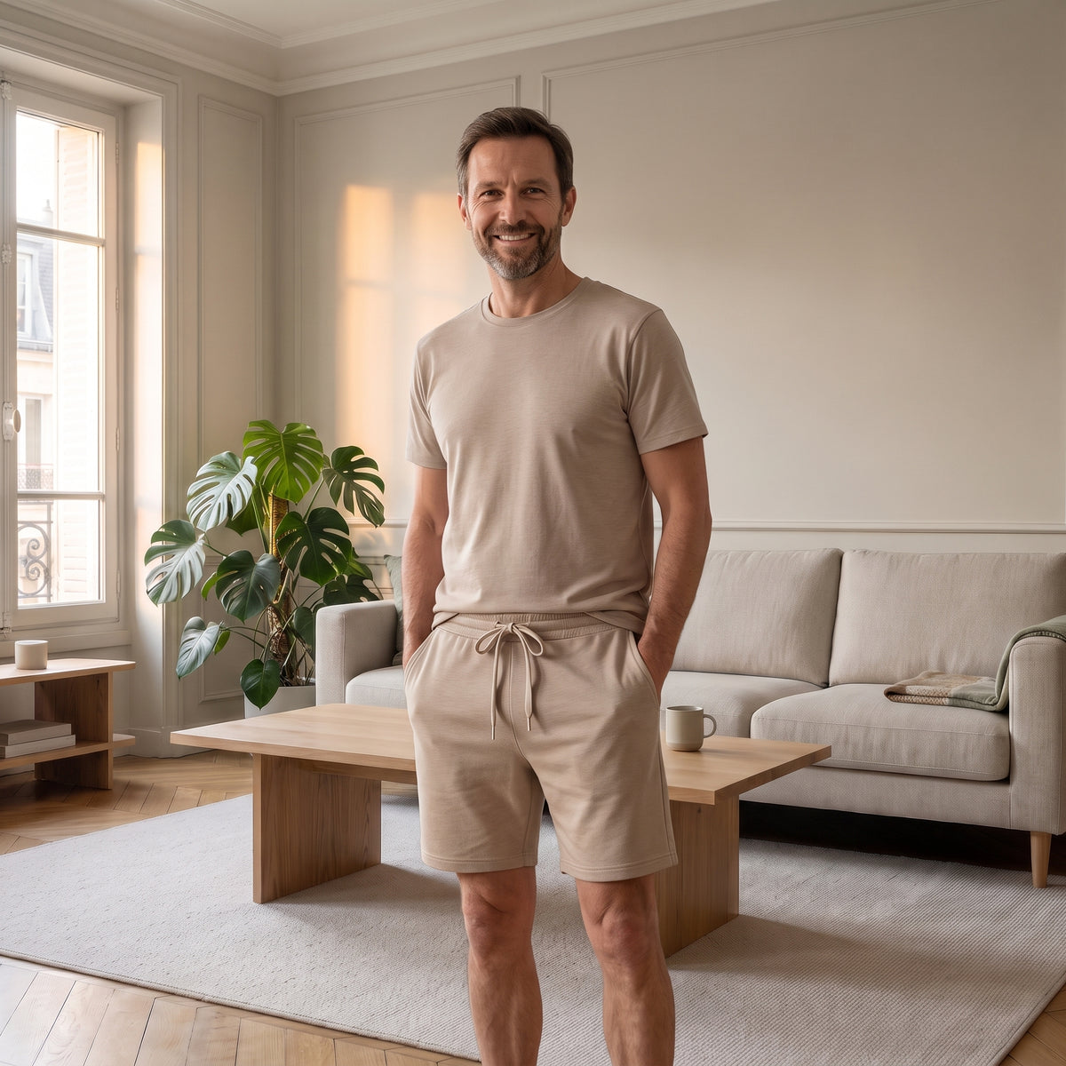 Ensemble d'été homme beige, t-shirt à col rond et short, porté dans un salon