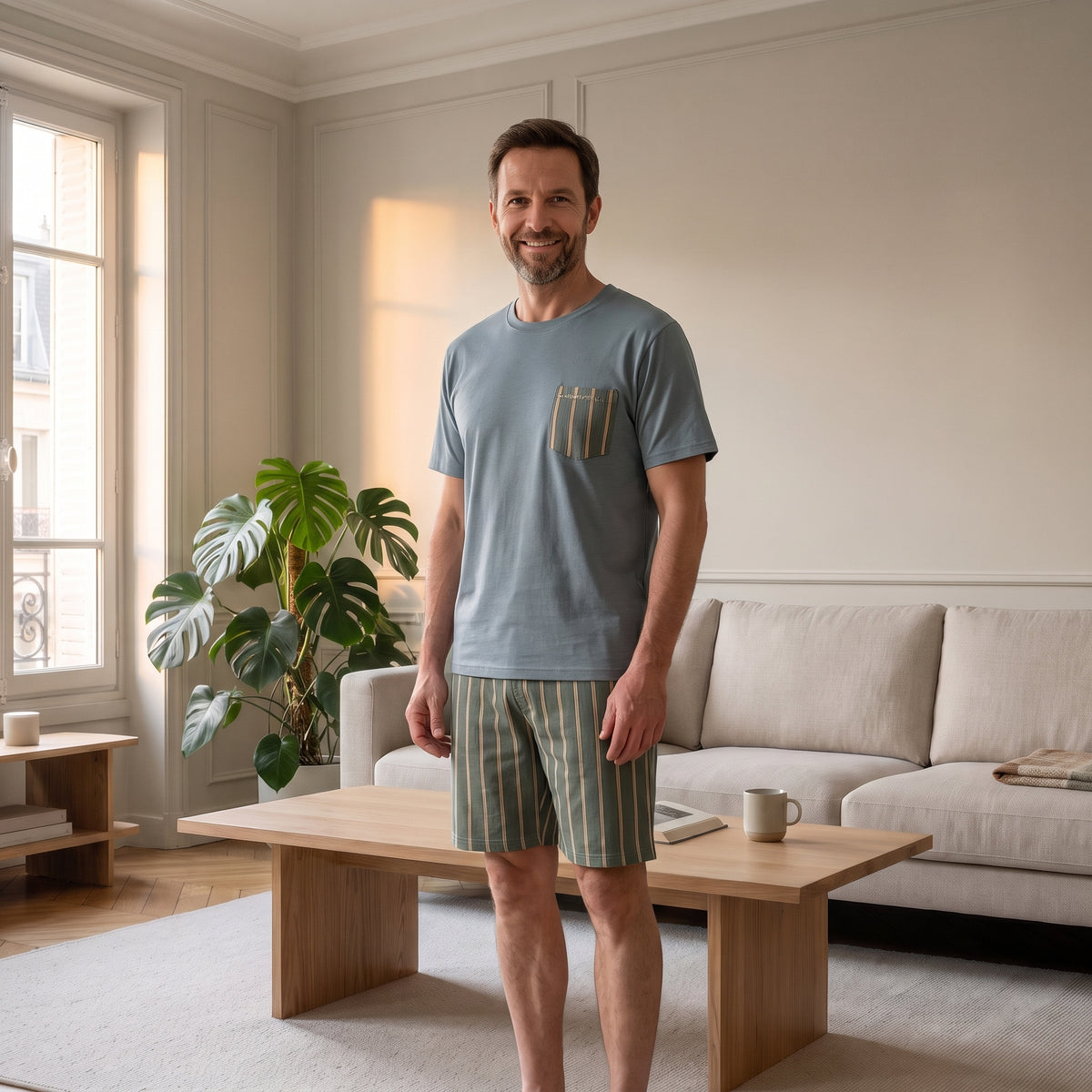 Pyjashort homme bleu gris à rayures porté dans le salon